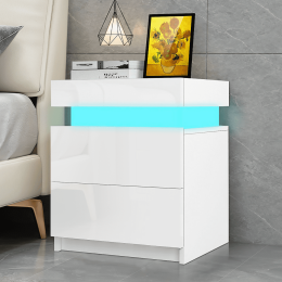 2 Drawers Modern Nightstand With RGB LED Light High Gloss Nightstand For Bedroom Black; White (Color: White, Material: particle board)