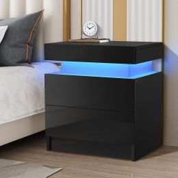 2 Drawers Modern Nightstand With RGB LED Light High Gloss Nightstand For Bedroom Black; White (Color: Black, Material: particle board)