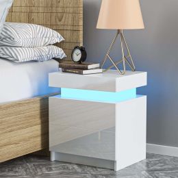 1 Pack LED Light Nightstand Nightstand with 2 Drawers Home Bedroom Black and White High Gloss Finish (Color: White, Material: particle board)