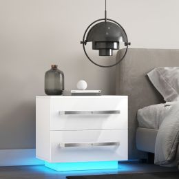 High Gloss LED Nightstand 2 Drawers Nightstand With LED Light Home Bedroom Decor White (Color: White, Material: wood metal and melamine board)