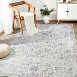 Traditional Area Rug 3x5 Multi Flodable Floral Persian Print Distressed Non Slip Indoor Rug for Living Room Bathroom Kitchen Bedroom (Color: Gray, Material: Polyester Blend)