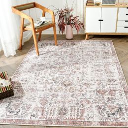 Traditional Area Rug 3x5 Multi Flodable Floral Persian Print Distressed Non Slip Indoor Rug for Living Room Bathroom Kitchen Bedroom (Color: Red, Material: Polyester Blend)