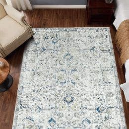 Traditional Area Rug 3x5 Multi Flodable Floral Persian Print Distressed Non Slip Indoor Rug for Living Room Bathroom Kitchen Bedroom (Color: Blue Multi, Material: Polyester Blend)
