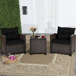 3 Pieces Garden Rattan Furniture Set Upholstered Sofa Coffee Table (Color: Black)