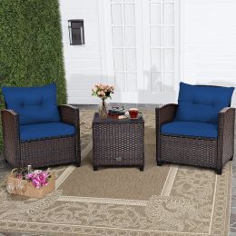 3 Pieces Garden Rattan Furniture Set Upholstered Sofa Coffee Table (Color: Navy Blue)