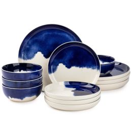 Dinnerware Grey Drip Stoneware; 12 Piece Set (Color: Blue, Material: Stoneware)