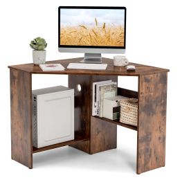 Corner Computer Desk Triangular Writing Workstation with Storage Rack (Color: Brown, Material: E0 Engineered wood)