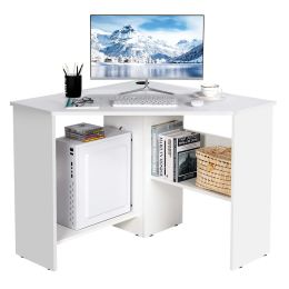 Corner Computer Desk Triangular Writing Workstation with Storage Rack (Color: White, Material: E0 Engineered wood)