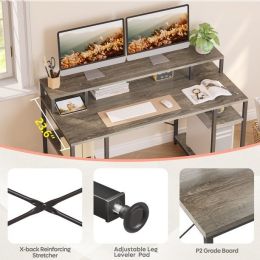 55 inch computer desk with monitor stand home office desk (Color: Gray, Material: P2 particle board + metal frame)