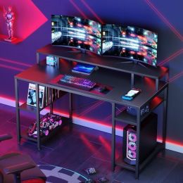 55 inch computer desk with monitor stand home office desk (Color: Carbon Fiber, Material: P2 particle board + metal frame)