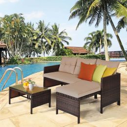 3 Pieces Patio Wicker Rattan Sofa Set Outdoor Set Talk Set (Color: Brown, Material: Polyester cloth, sponge, steel, wicker)