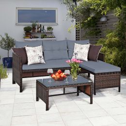 3 Pieces Patio Wicker Rattan Sofa Set Outdoor Set Talk Set (Color: Gray, Material: Polyester cloth, sponge, steel, wicker)